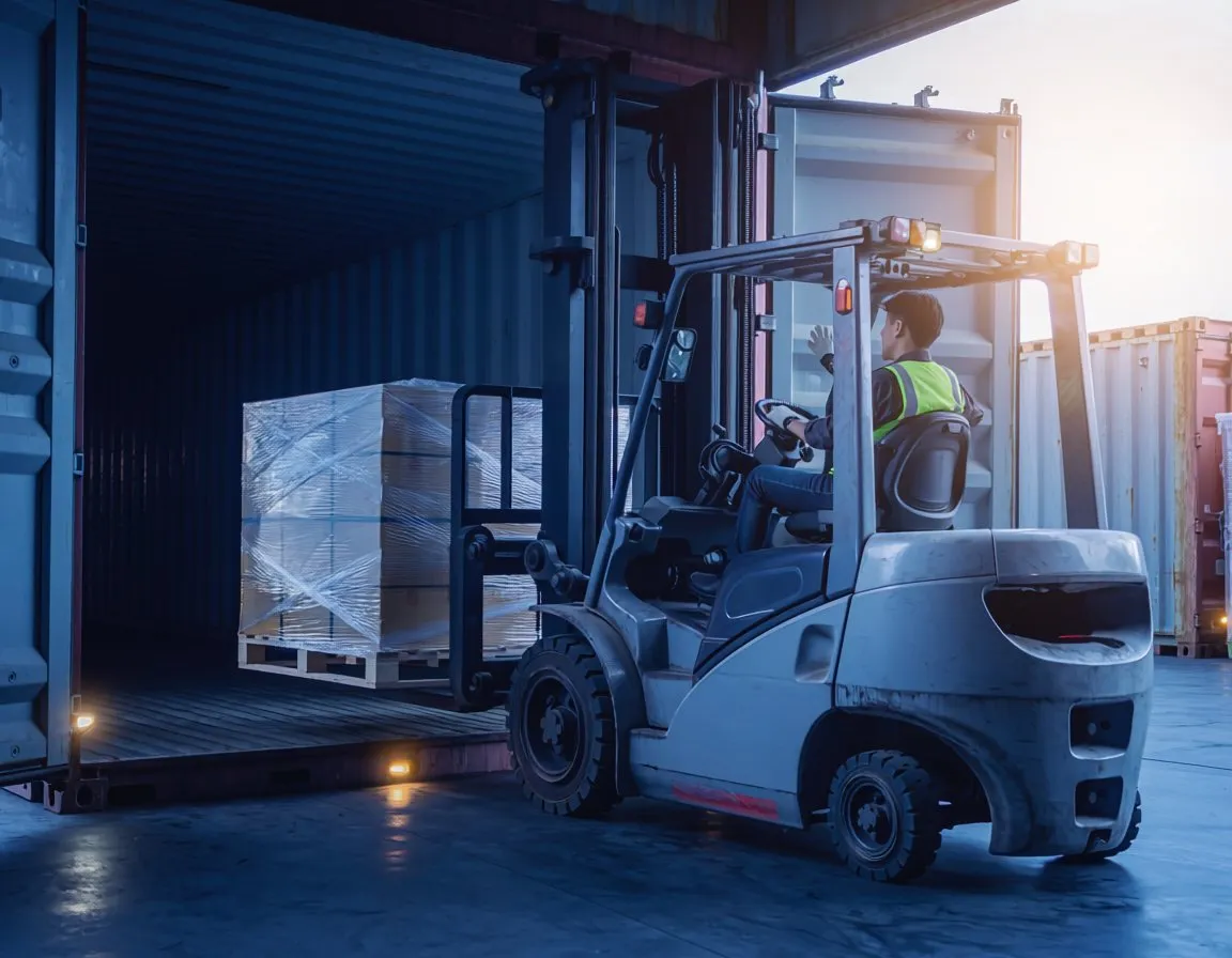 Forklift transferring cargo between modes